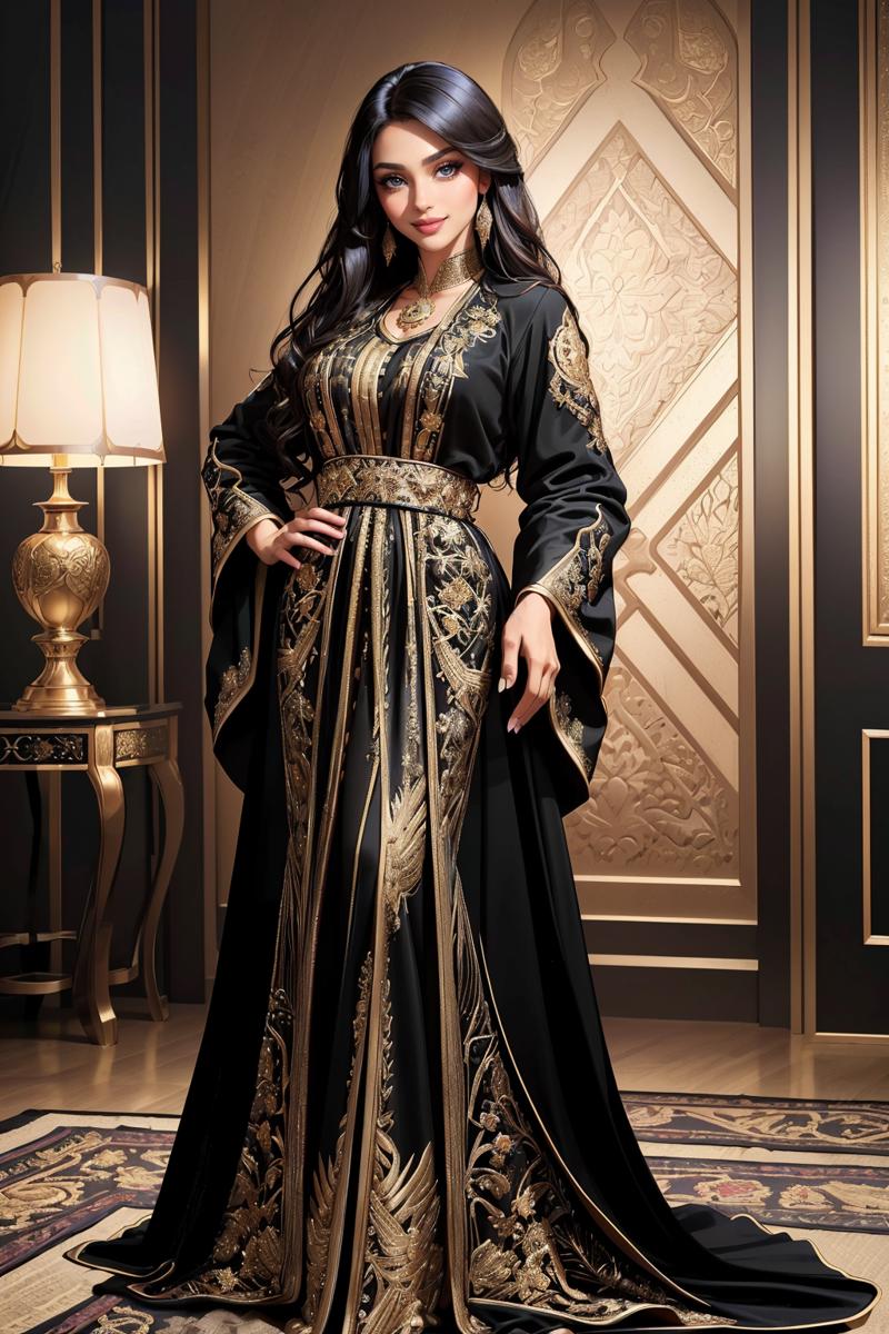 14063-2569912407-((masterpiece,best quality,edgQuality)),(smile),looking at viewer,standing,_edgCaftan, a woman in a black and gold embroidered r.png